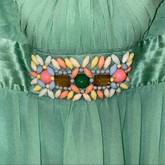 BCBGMAXAZRIA EMERALD GREEN/BLUE SILK CHIFFON WOVEN STRAPLESS MINI COCKTAIL DRESS - Picture 5 of 14